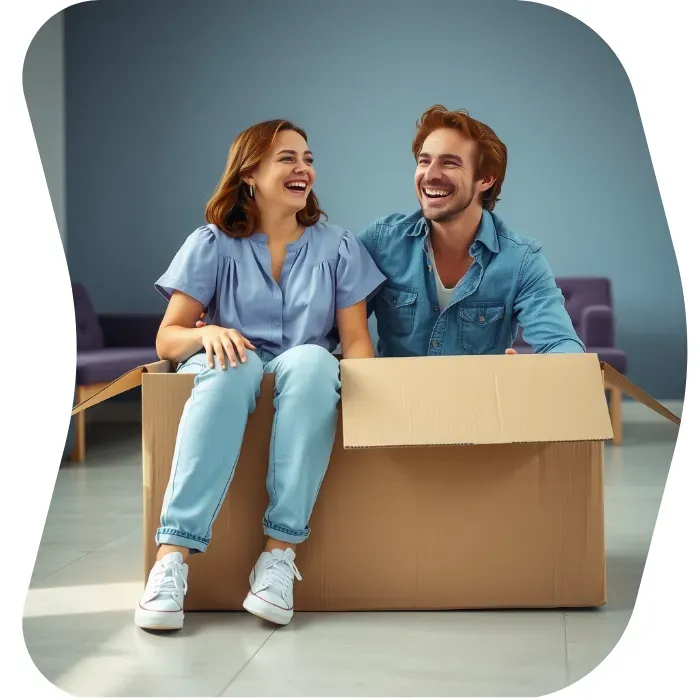 Two guys sitting on the floor of their apartment with Muval moving boxes